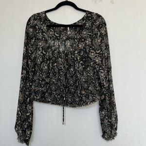 Free People Lolita Dark Floral Printed Long Sleeve Crop Blouse Top